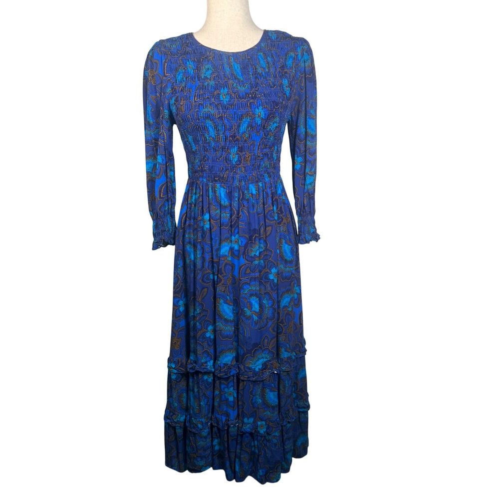 Baltic Born Floral Maxi Dress Womens Small Blue Rayon Smocked Boho Tiered Ruffle